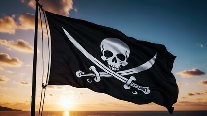 Jolly roger pirate flag waving at sunset in Caribbean sea