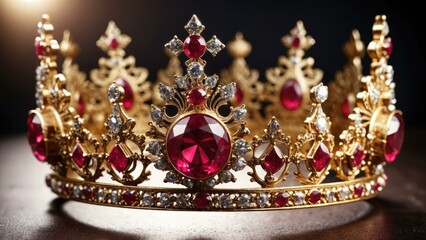 Regal golden crown with red ruby gems and diamonds with intricate details