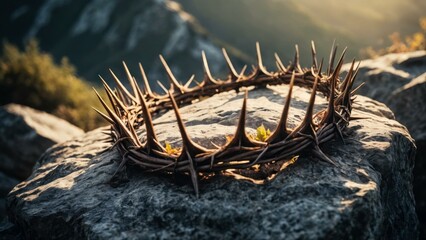 Crown of thorns on a stone with sunlight background - obrazy, fototapety, plakaty