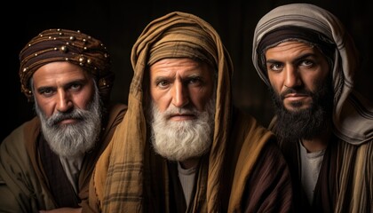 Three wise men wearing headscarves are depicted in a scene resembling the Three Wise Men. The men are dressed in traditional attire with head coverings and are positioned together. - obrazy, fototapety, plakaty