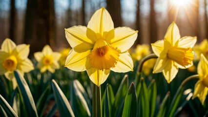 Sunlit yellow daffodils in bloom for spring background or banner