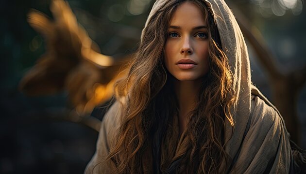 A woman depicting as Mary Magdalene with long hair is seen wearing a hooded jacket, giving an air of casual comfort and warmth