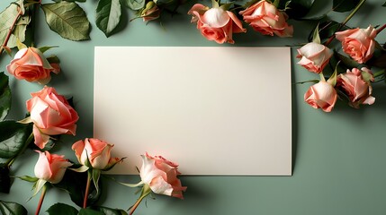 Womens day greeting card mockup. Blank paper sheet on green background. Rose border decor. Generative Ai