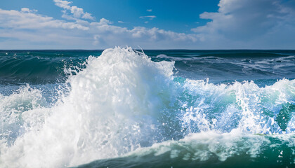 Fototapeta premium Powerful foamy sea waves rolling and splashing over water surface against cloudy blue sky