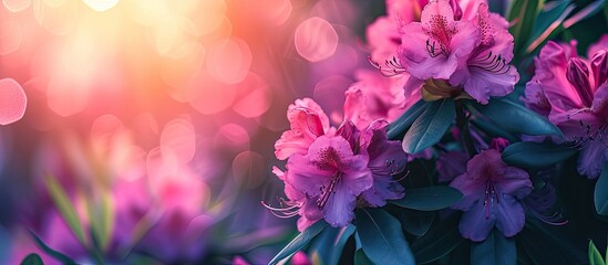 A bunch of purple-pink Rhododendron flowers with green leaves are nestled in the grass of a garden, creating a beautiful floral pattern. - obrazy, fototapety, plakaty