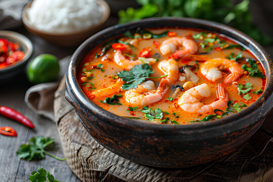 Tom Yum Goong, Thai spicy soup with shrimps. Tomyam
