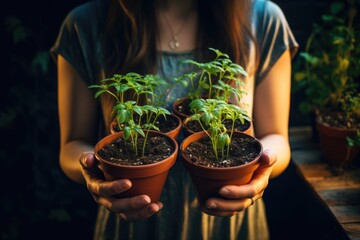 woman holding pots with seedlings
