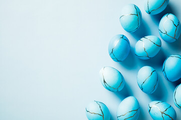 Easter eggs with marble stone effect on light blue background. Top view. Flat lay.