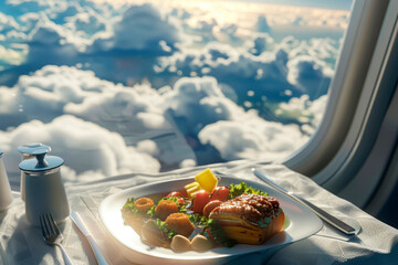 Try with gourmet lunch on the plane bord at the window with clouds, first and business class travel. - Powered by Adobe