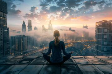 Woman meditating on a rooftop with modern cityscape with skyscrapers.