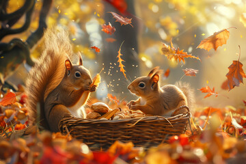 Two squirrels are eating food in a basket of leaves, generative ai