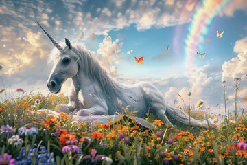 A unicorn in a field of flowers, generative ai
