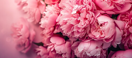 A cluster of vibrant pink peonies sitting atop a soft pink background. The peonies are in full bloom, showcasing their delicate petals and fragrant scent. This image exudes a vintage charm perfect for