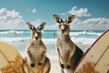 Two surfing kangaroos look into the camera, generative ai - obrazy, fototapety, plakaty