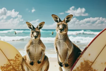 Foto op Canvas Two surfing kangaroos look into the camera, generative ai © Hunterframe