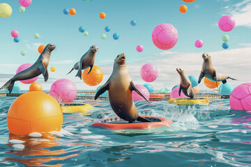 A group of seals are playing in the water with colorful balls, generative ai