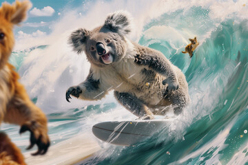 A koala surfs a wave, generative ai - obrazy, fototapety, plakaty