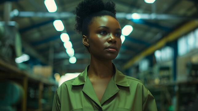 close up image of a south african female executive walking proudly through a factory using alternative power, hues of green and stone, commercial use, 
