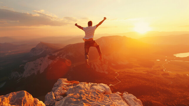 Happy success man with open arms jumping on mountain top, generative ai