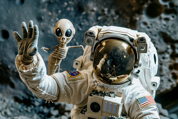 An astronaut takes a selfie with his alien friend, generative ai
