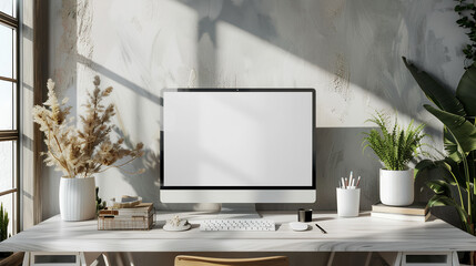 In a minimalist interior of a office room, a desktop computer takes center stage. 