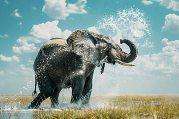 An elephant sprays water from its trunk, generative ai