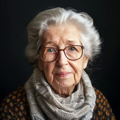 Portrait of elderly woman looking, isolated on dark background. AI generated