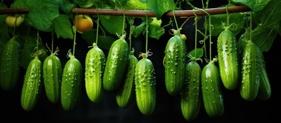 A cluster of fresh and vibrant young cucumbers hanging beautifully from the branches of a tree. The green cucumbers are plump and healthy, ready for harvest. - obrazy, fototapety, plakaty