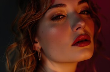 Golden Glow Makeup Close-Up, Close-up of a woman's face with golden makeup and red lips, showcasing a radiant, evening-ready look