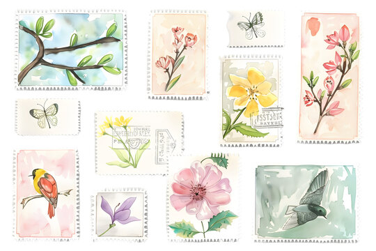 Nature's Postage: Watercolor Collection of Flora and Fauna Stamps - Isolated on White Transparent Background 

