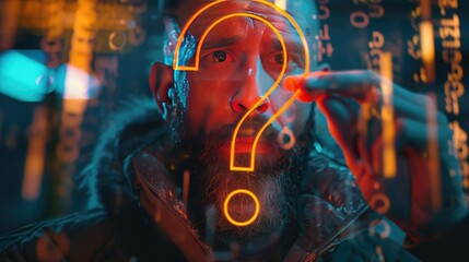 Curious Man with Neon Question Mark Hologram, thought-provoking image capturing a bearded man interacting with a glowing neon question mark hologram, symbolizing inquiry and the search for answers