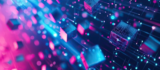 Abstract and futuristic neon blue color cube technology background.