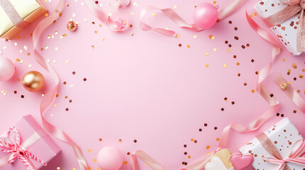 Pink gift boxes adorned with golden and pink ornaments, ribbons, and confetti on a soft pink background. Copy space in the centre. Ideal for celebrations like birthdays or Valentine’s Day.