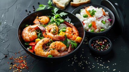 a black bowl filled with headless shrimps and vibrant vegetables next to another black bowl holding fluffy white rice, with bread portions arranged artistically in the frame.