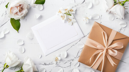 Blank greeting card surrounded by elegant white flowers, beautifully wrapped gift box, on a marble surface, ideal for weddings or special occasions.