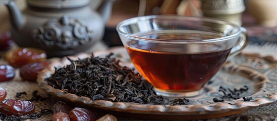 A cup of tea sits next to a plate filled with dried cherries on a wooden table. The contrast between the warm beverage and the sweet cherries creates a cozy and inviting scene.