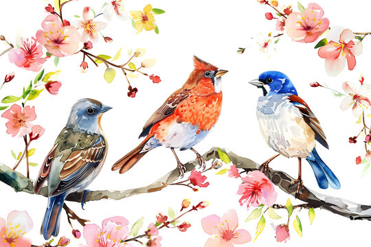 Springtime Symphony: Watercolor Birds Perched Among Blossoms - Isolated on White Transparent Background 

