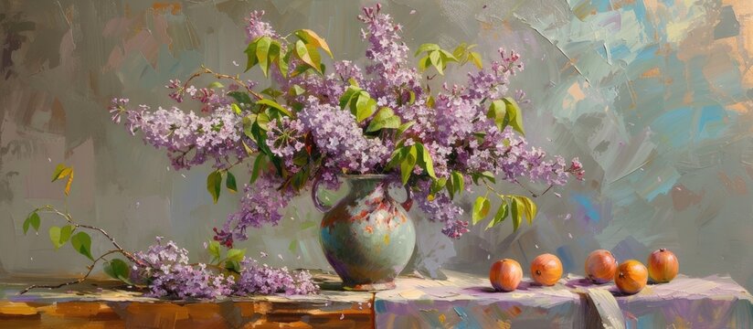 A painting depicting a bouquet of lilacs in a vase placed on a wooden table. The vibrant purple flowers stand out against the neutral background, bringing a pop of color to the scene.