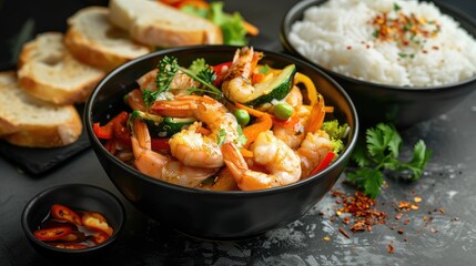 a black bowl filled with headless shrimps and vibrant vegetables next to another black bowl holding fluffy white rice, with bread portions arranged artistically in the frame. - obrazy, fototapety, plakaty