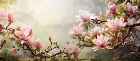 A painting depicting pink flowers blooming on a tree branch in a lush green garden during summertime. The vibrant pink blossoms of the magnolia tree stand out against the green foliage, creating a