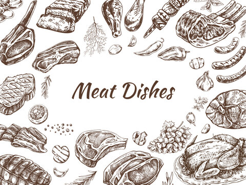 Meat and vegetables menu template in engraved vintage style. Hand-drawn sketches of barbecue meat pieces with herbs and seasonings. Background for meat restaurant.