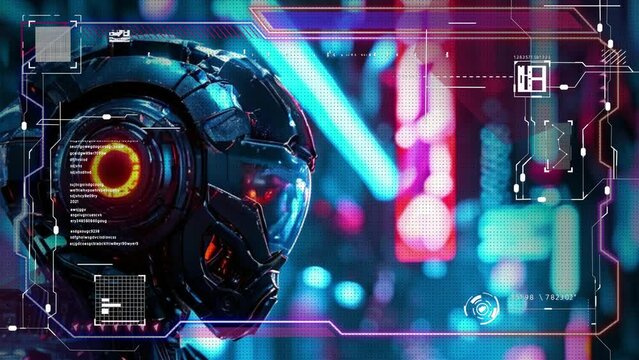 Combat robot in military metal armor. Futuristic cyborg security guard. Technology, robotics, artificial intelligence and future concept.