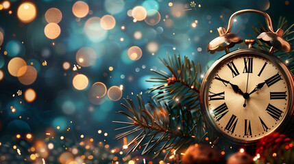 New year clock, Christmas background with balls, Festive happy new year 2025 background, Ai...