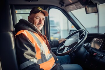 Naklejka premium Happy mature truck driver driving his truck on a sunny day