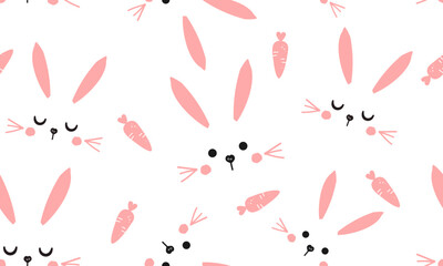 Seamless pattern with bunny rabbit cartoons and pink carrots on white background vector.