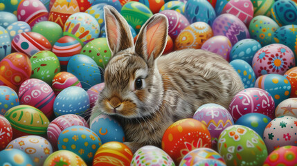 Fototapeta na wymiar easter eggs and bunny, Happy Easter Bunny with many colorful easter eggs, Easter wallpaper with easter eggs in a basket, Easter day, Easter poster and banner template with Easter eggs, Ai 