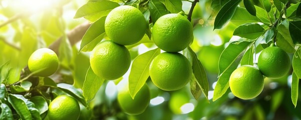 Green organic lime citrus fruit hanging on tree