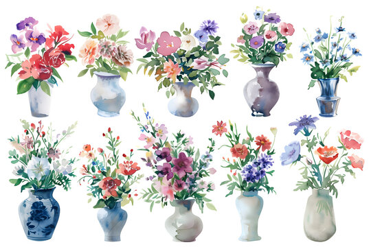 Artistic Watercolor Floral Arrangements in Elegant Vases Collection - Isolated on White Transparent Background 

