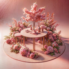 a round table surrounded by pink flowers, a stock photo trending on shutterstock, aestheticism, stockphoto, stock photo, rendered in cinema4d