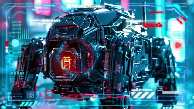 Combat robot in military metal armor. Futuristic cyborg security guard. Technology, robotics, artificial intelligence and future concept.